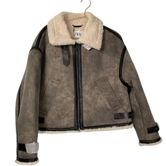 Zara Shearling Double Sided Jacket Brown Made Flight Style Size‎ S WP651 - Picture 1 of 10